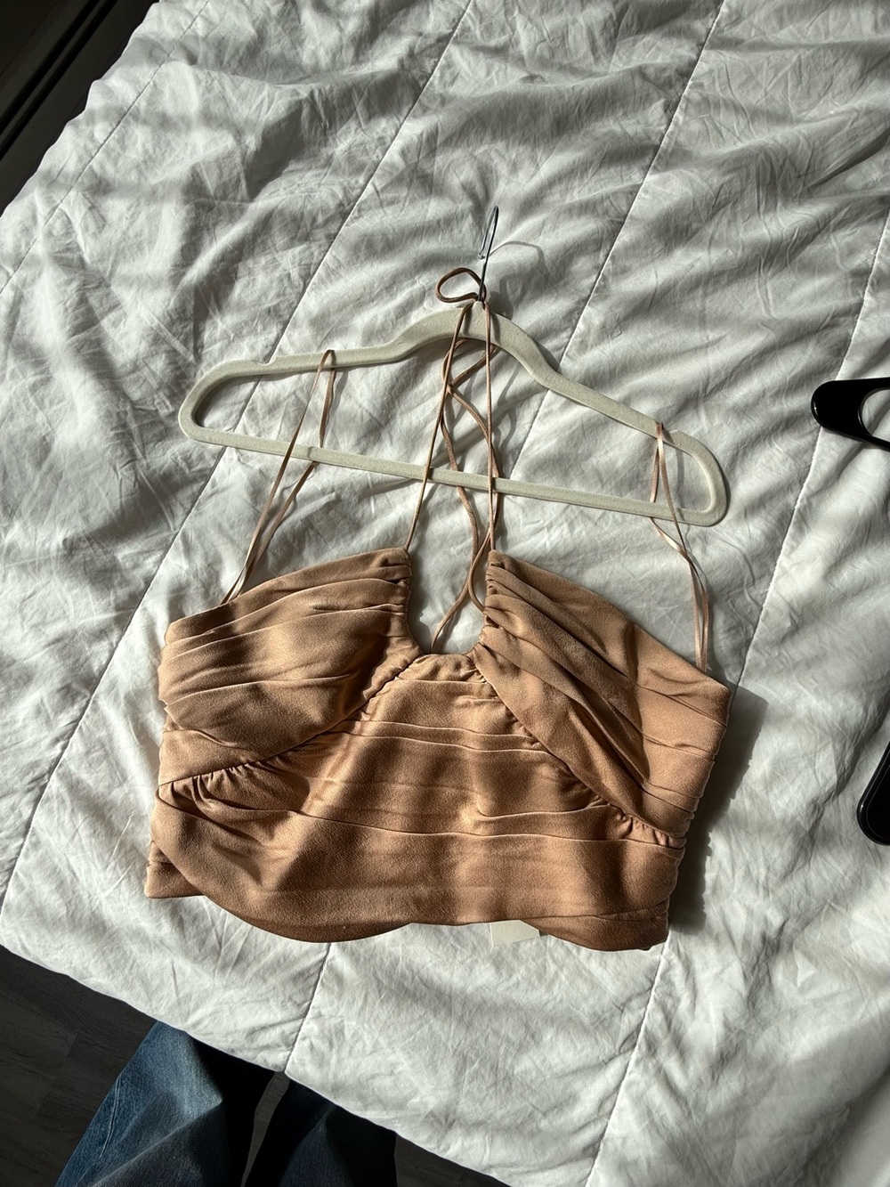 Zara Satin Ruched Crop Cami Top - Beige
